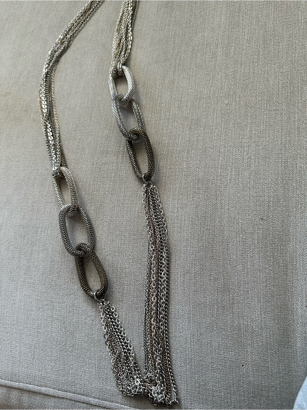 Silver-Tone Multi-Chain Link Statement Necklace with Tassel - Picture 3 of 6